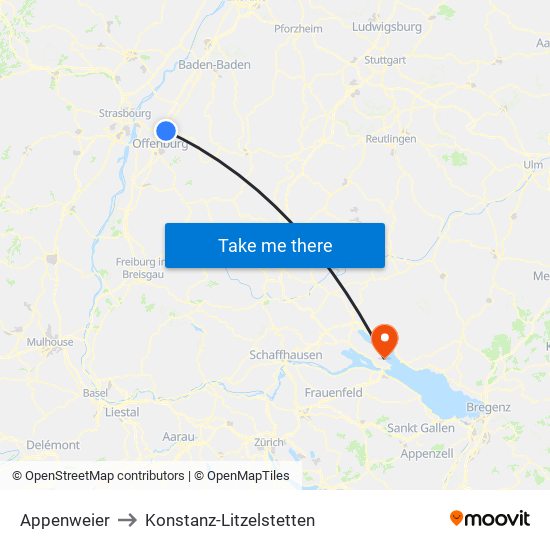 Appenweier to Konstanz-Litzelstetten map