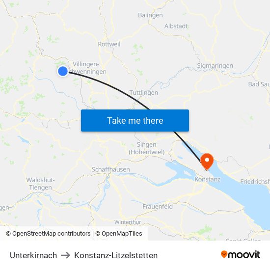 Unterkirnach to Konstanz-Litzelstetten map