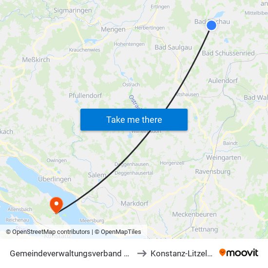 Gemeindeverwaltungsverband Bad Buchau to Konstanz-Litzelstetten map