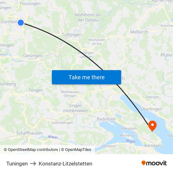 Tuningen to Konstanz-Litzelstetten map