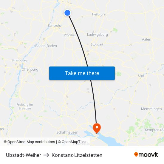 Ubstadt-Weiher to Konstanz-Litzelstetten map