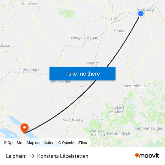Leipheim to Konstanz-Litzelstetten map