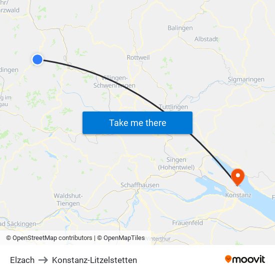 Elzach to Konstanz-Litzelstetten map