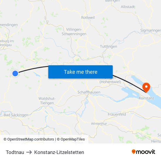 Todtnau to Konstanz-Litzelstetten map