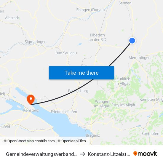 Gemeindeverwaltungsverband Illertal to Konstanz-Litzelstetten map