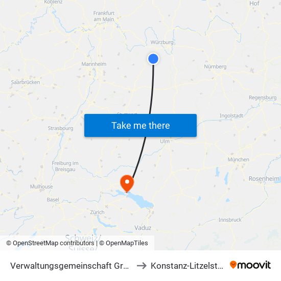 Verwaltungsgemeinschaft Grünsfeld to Konstanz-Litzelstetten map