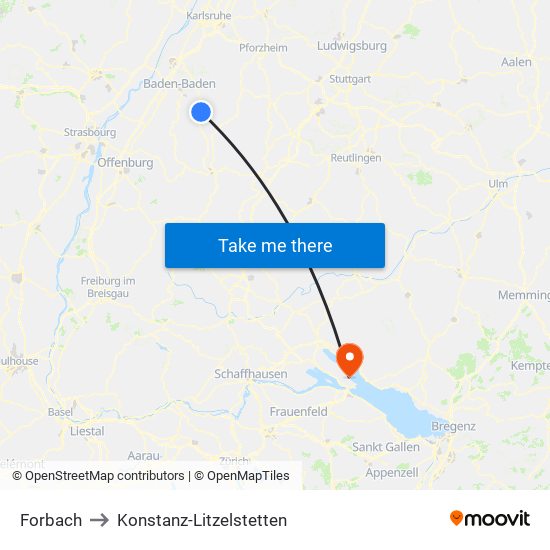 Forbach to Konstanz-Litzelstetten map