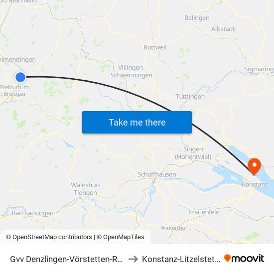 Gvv Denzlingen-Vörstetten-Reute to Konstanz-Litzelstetten map