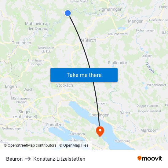 Beuron to Konstanz-Litzelstetten map