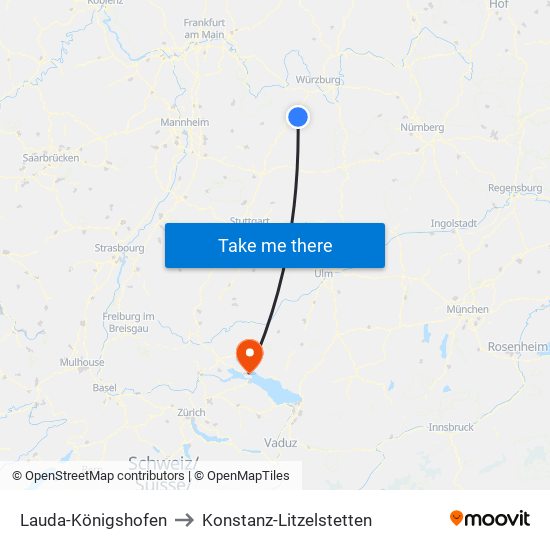 Lauda-Königshofen to Konstanz-Litzelstetten map