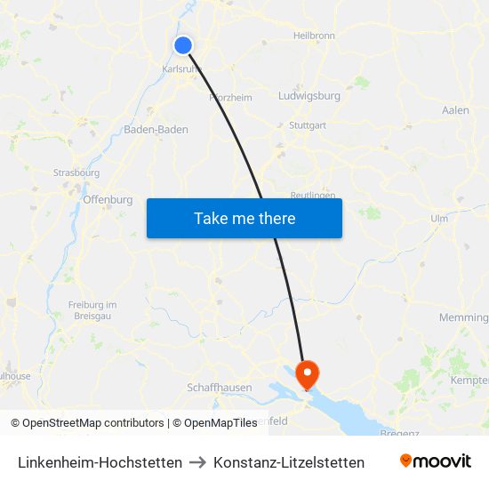 Linkenheim-Hochstetten to Konstanz-Litzelstetten map