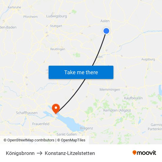 Königsbronn to Konstanz-Litzelstetten map