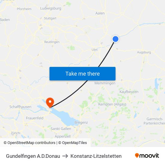 Gundelfingen A.D.Donau to Konstanz-Litzelstetten map