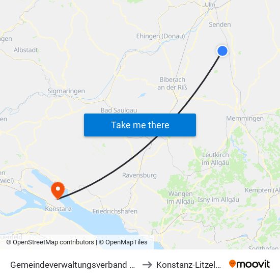 Gemeindeverwaltungsverband Dietenheim to Konstanz-Litzelstetten map