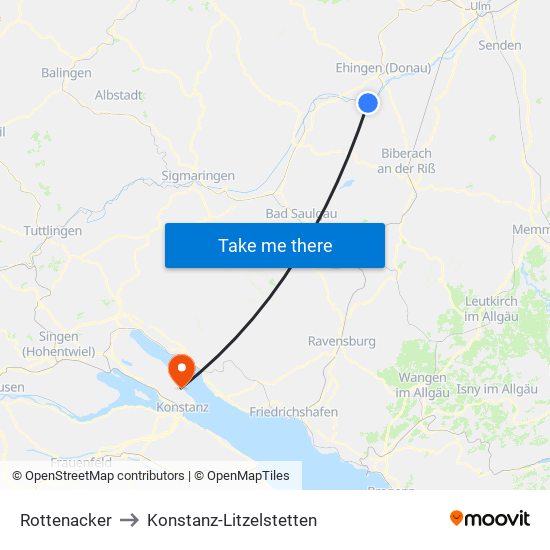Rottenacker to Konstanz-Litzelstetten map
