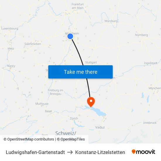 Ludwigshafen-Gartenstadt to Konstanz-Litzelstetten map