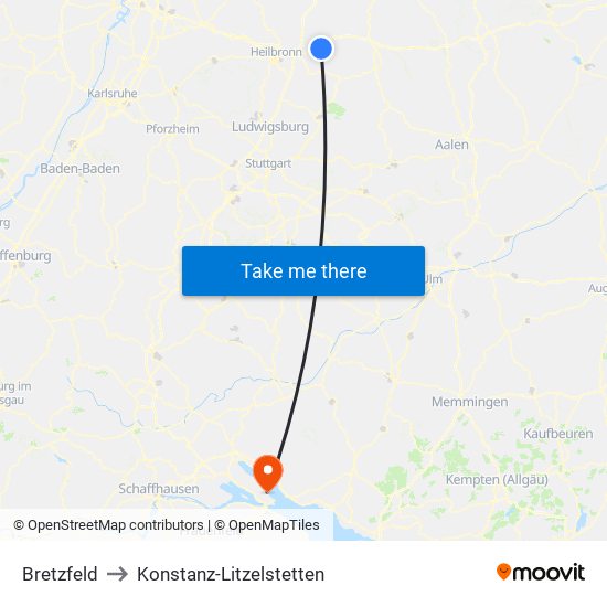 Bretzfeld to Konstanz-Litzelstetten map