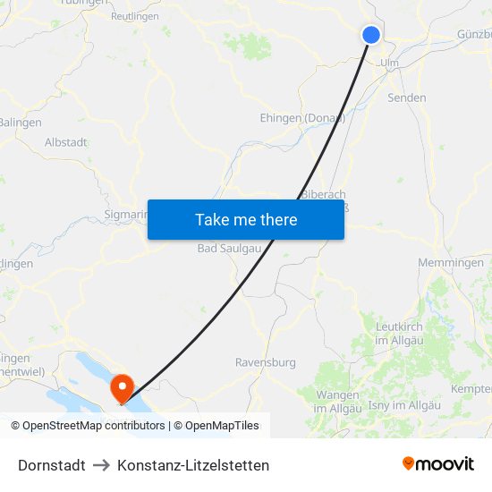 Dornstadt to Konstanz-Litzelstetten map