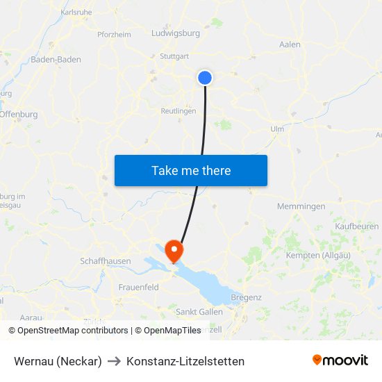Wernau (Neckar) to Konstanz-Litzelstetten map