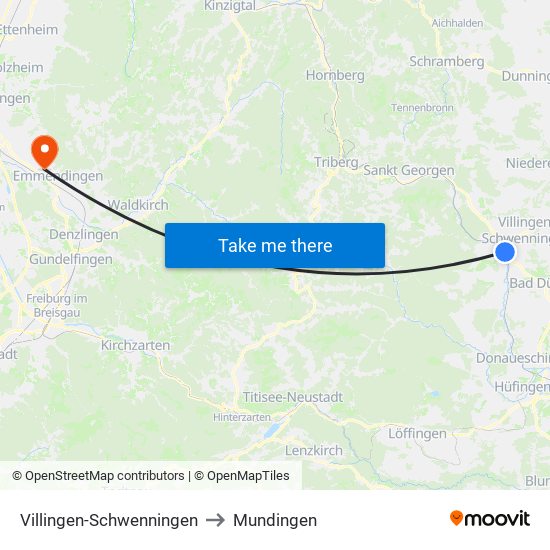 Villingen-Schwenningen to Mundingen map