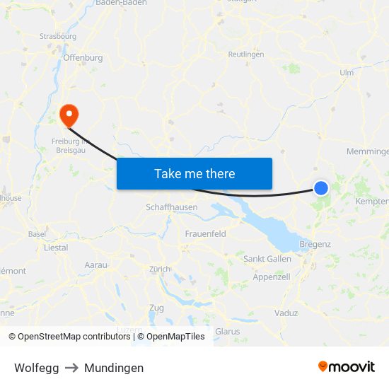 Wolfegg to Mundingen map
