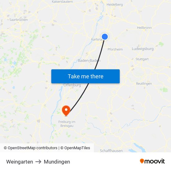 Weingarten to Mundingen map
