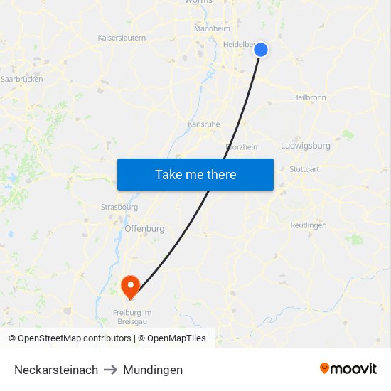 Neckarsteinach to Mundingen map