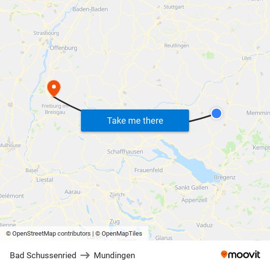 Bad Schussenried to Mundingen map