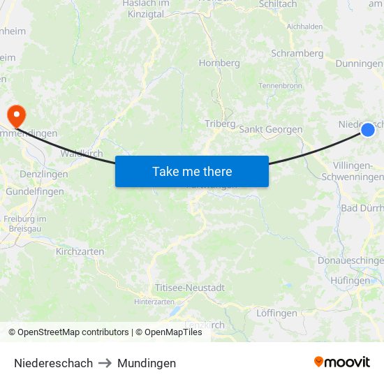 Niedereschach to Mundingen map