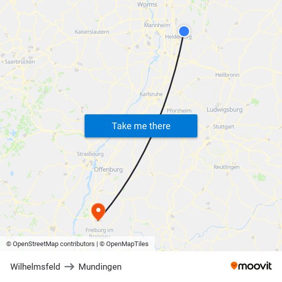 Wilhelmsfeld to Mundingen map