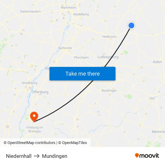 Niedernhall to Mundingen map