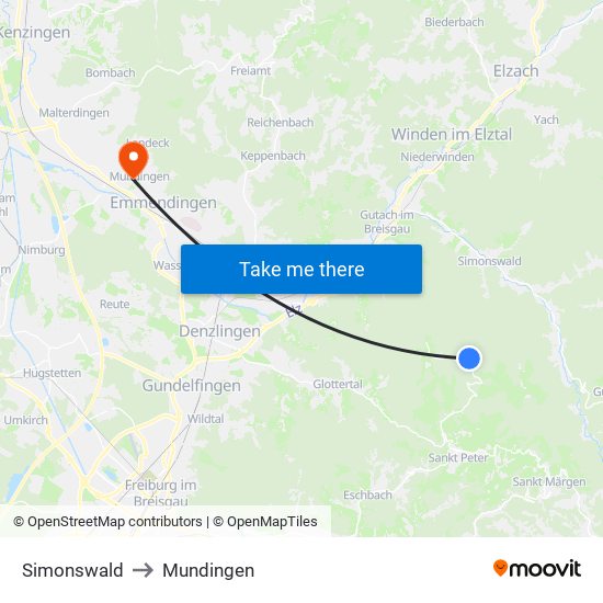 Simonswald to Mundingen map