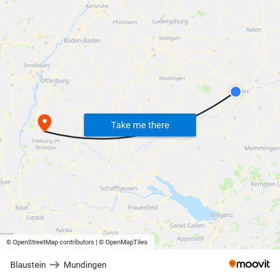 Blaustein to Mundingen map