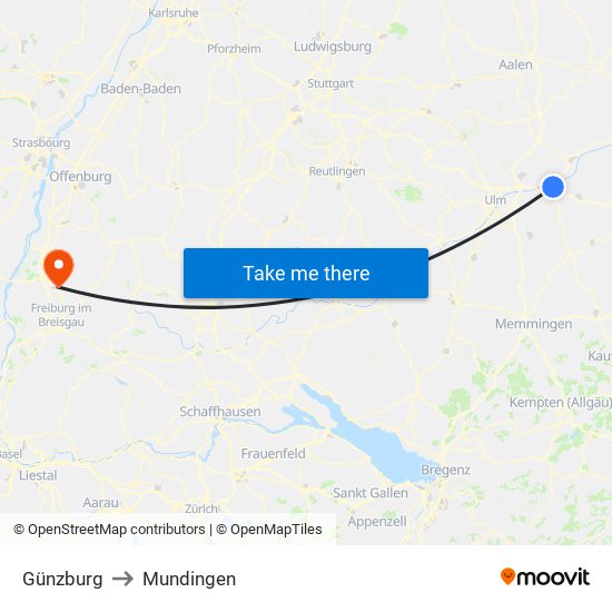 Günzburg to Mundingen map