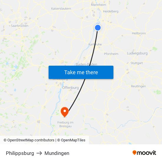 Philippsburg to Mundingen map