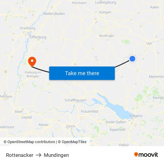 Rottenacker to Mundingen map