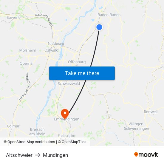 Altschweier to Mundingen map