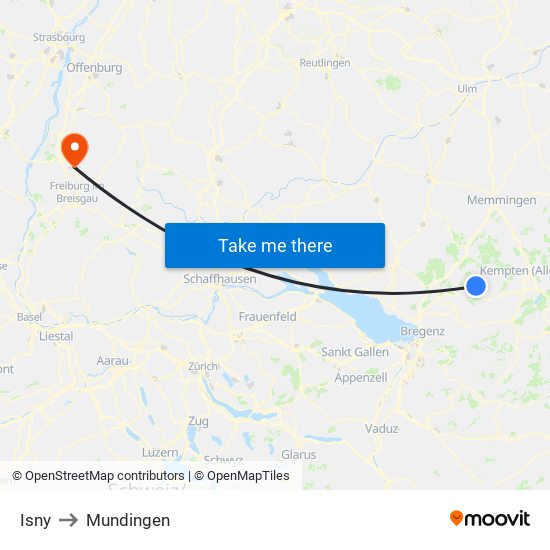 Isny to Mundingen map