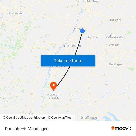 Durlach to Mundingen map