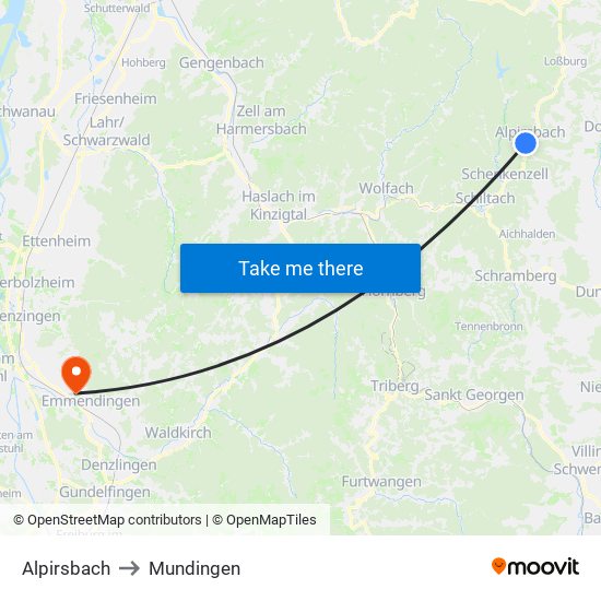 Alpirsbach to Mundingen map