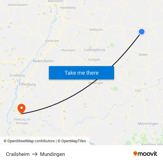 Crailsheim to Mundingen map