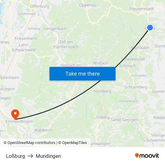 Loßburg to Mundingen map