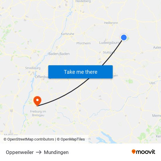 Oppenweiler to Mundingen map