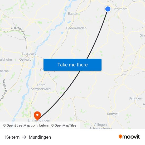 Keltern to Mundingen map