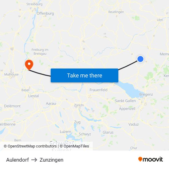 Aulendorf to Zunzingen map