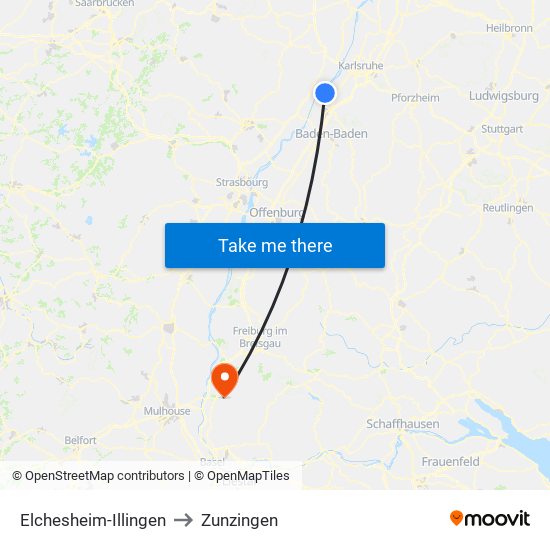 Elchesheim-Illingen to Zunzingen map