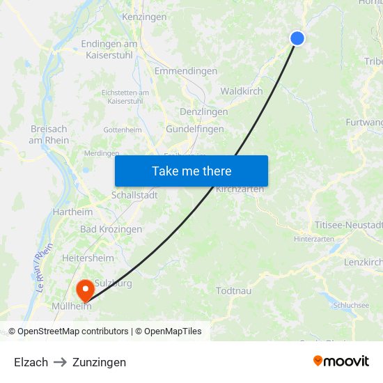 Elzach to Zunzingen map