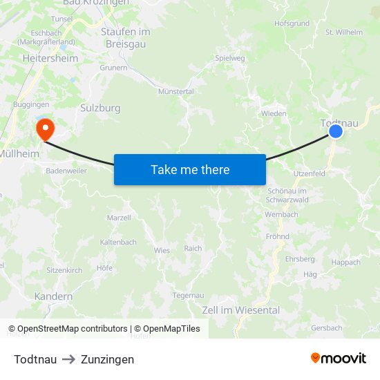 Todtnau to Zunzingen map