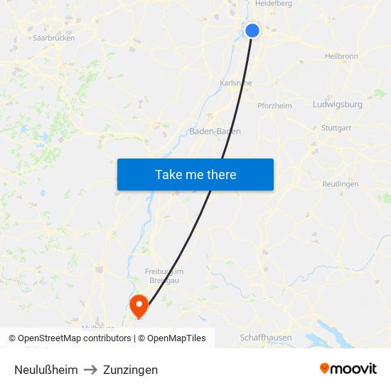Neulußheim to Zunzingen map