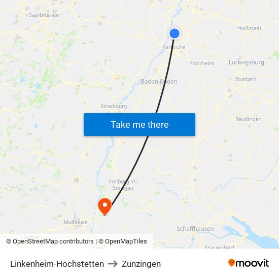 Linkenheim-Hochstetten to Zunzingen map